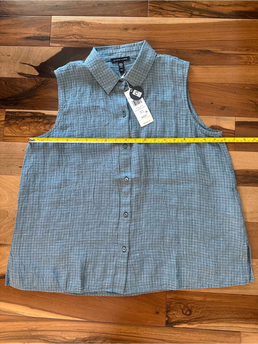 Eileen Fisher Organic Linen Grid Sleeveless Button Shirt Nile S NWT - Picture 11 of 16